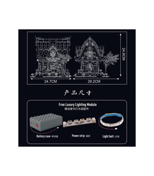 Blueprint with dimensions 29.2cm × 24.7cm × 24.9 cm and lighting kit of Medieval World Log Cabin MK-16054